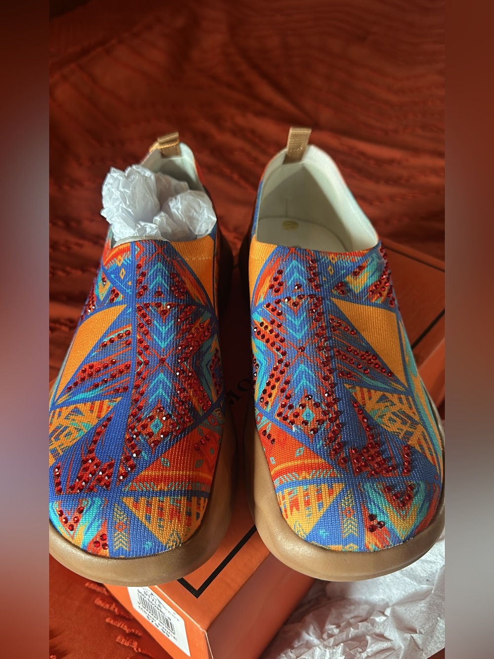 Montana West Orange Blue Yellow Geometric Slip-On Mules with Red Crystal Detail